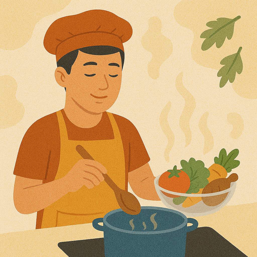 Illustration of a SE Asian man cooking at a stove with a pot and fresh vegetables, representing the link between cooking and smell loss recovery.