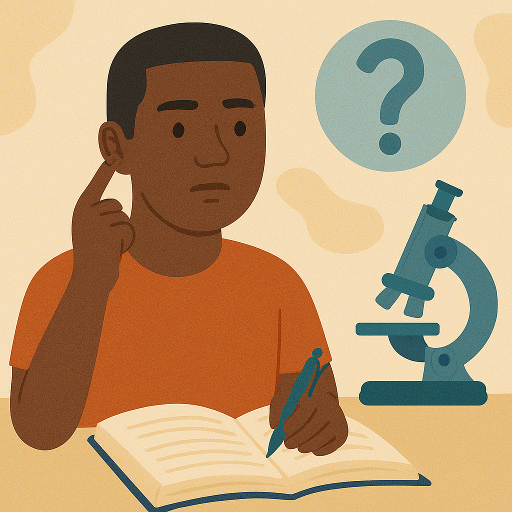 Illustration of a young Black man sitting at a desk with an open book and a pen, looking thoughtful. A microscope and a question mark symbolise curiosity and smell loss research.