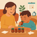 An illustration of a mother sitting at a table with her young son who is sniffing smell training jars.