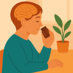 Person sitting at a table gently smelling a small jar, with a subtle brain outline visible inside the head, representing the link between smell training and brain health.