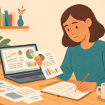 Illustration of a person sitting at a desk reviewing research papers and charts on a laptop, representing ongoing scientific research into smell loss.