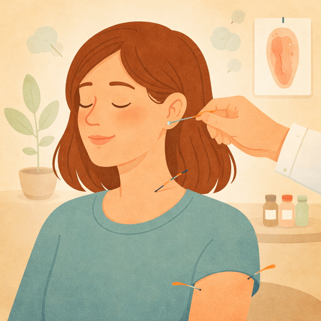 Woman receiving acupuncture treatment for Burning Mouth Syndrome, with needles placed on the ear and arm