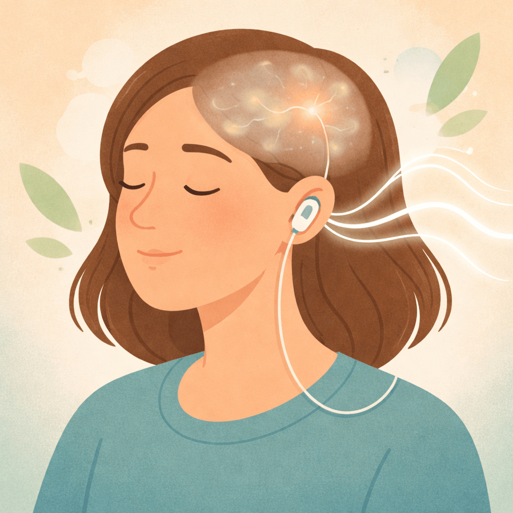 Woman with a small electrode on her ear and a glowing brain illustration, representing vagus nerve stimulation for post-COVID smell loss