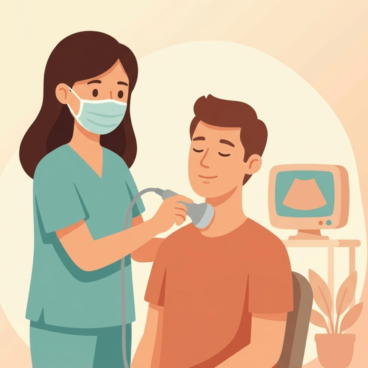 A masked clinician in teal scrubs holds an ultrasound probe to the neck of a seated patient, who has their eyes closed and a calm expression, with an ultrasound monitor visible in the background.