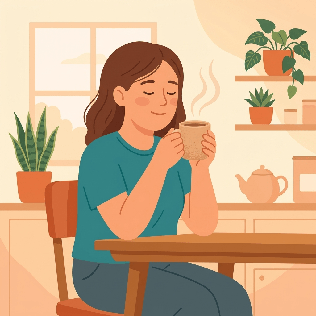 A woman sits at a kitchen table with her eyes closed, holding a warm mug close to her nose, with soft wavy lines rising from it suggesting scent.