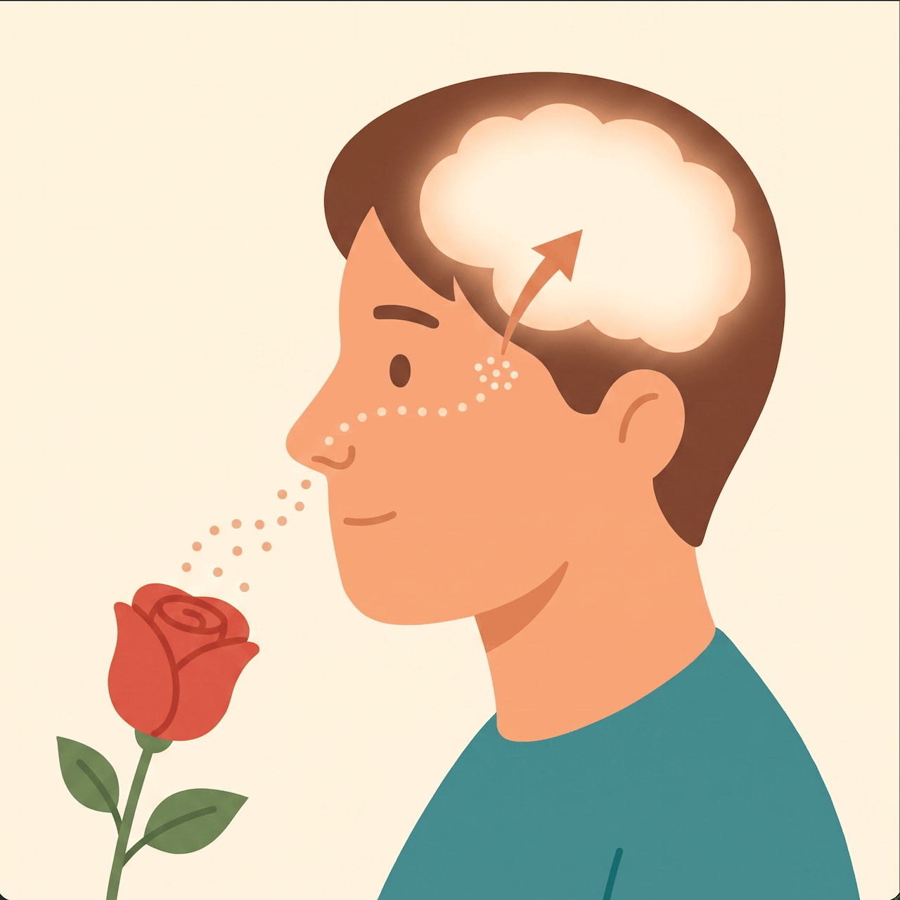 Smell loss and brain health: profile of a person smelling a rose, scent travelling to the olfactory receptors and on to the brain.